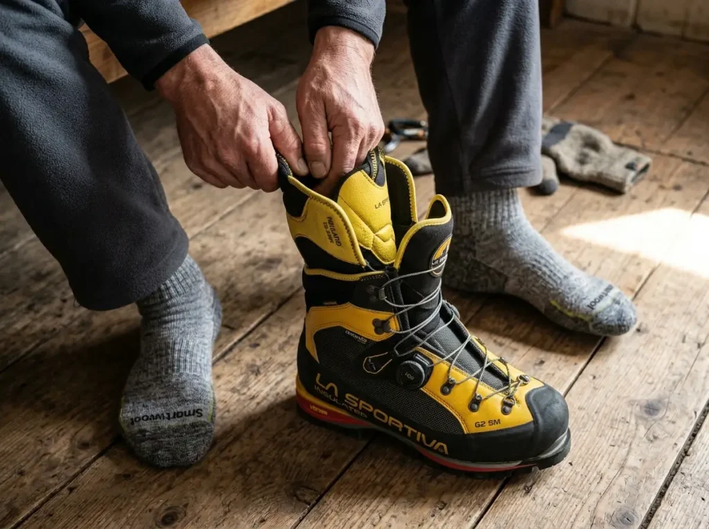 Climber removing inner liner from La Sportiva double mountaineering boots