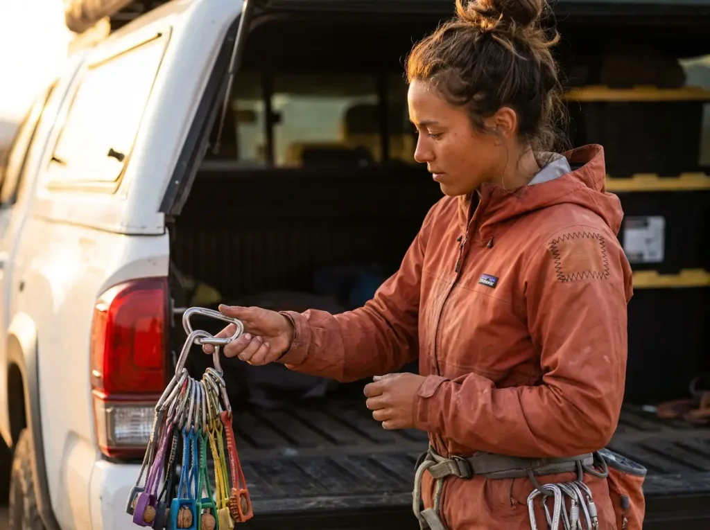 Climber organizing durable hardware wearing a patched jacket