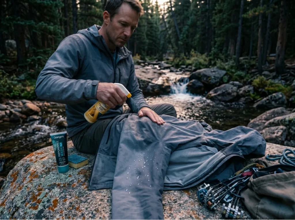 Careful application of DWR spray treatment to a well-used hardshell jacket at a mountain streamside, the essential end-of-season maintenance ritual that restores the water-beading performance that keeps alpinists safe in alpine storms