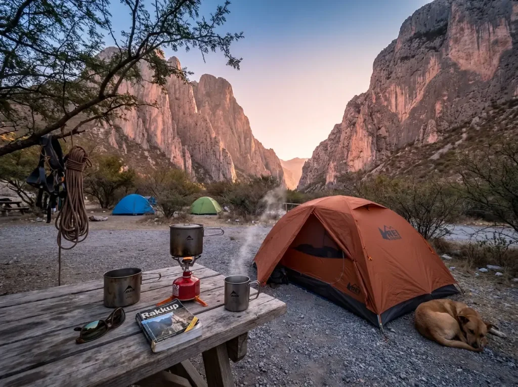 Rustic campground at El Potrero Chico with limestone walls visible at sunrise