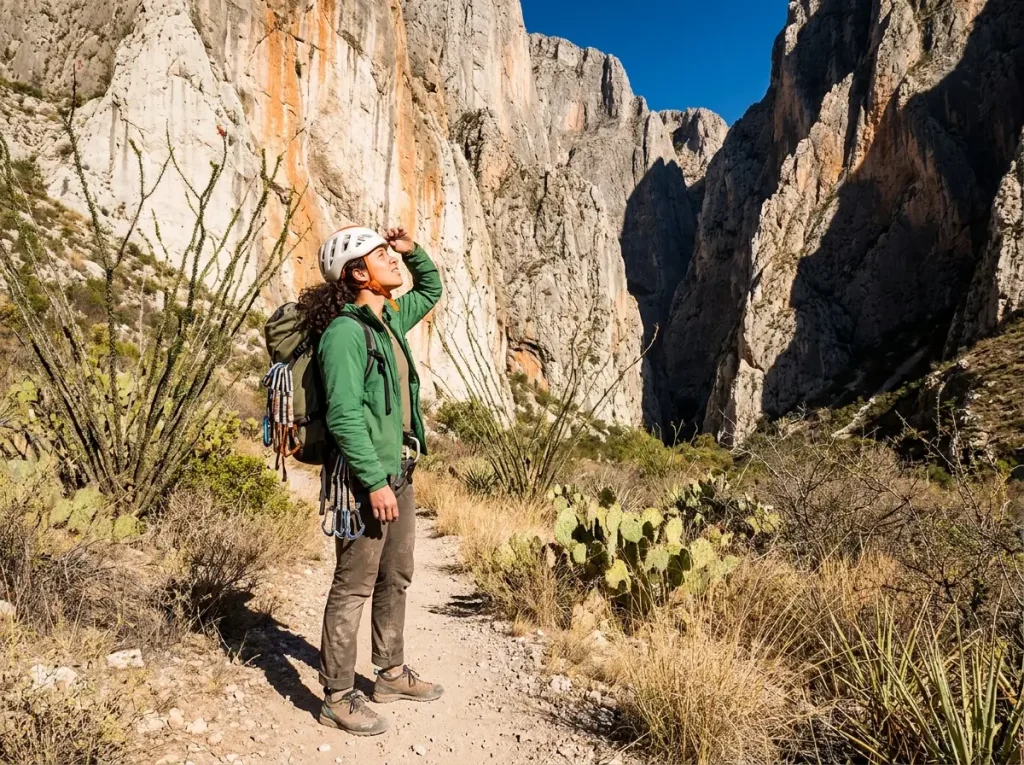 Panoramic view of El Potrero Chico limestone canyon walls in Hidalgo Nuevo Leon Mexico