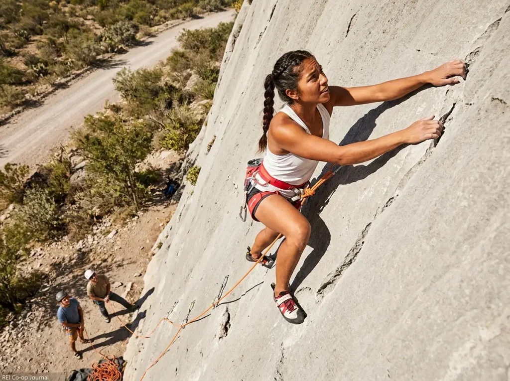 Climber pulling pockets on classic limestone route at Jungle Wall El Potrero Chico moderate grades