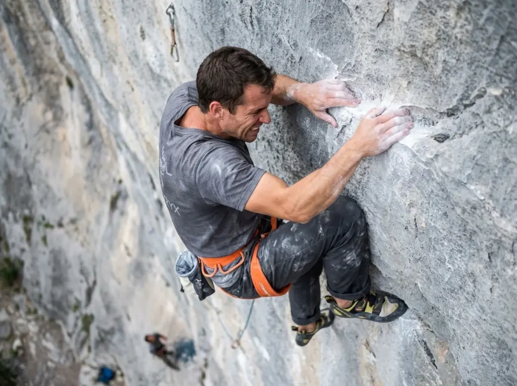 Climber struggling on stiff El Potrero Chico limestone route with polished holds and steep angle