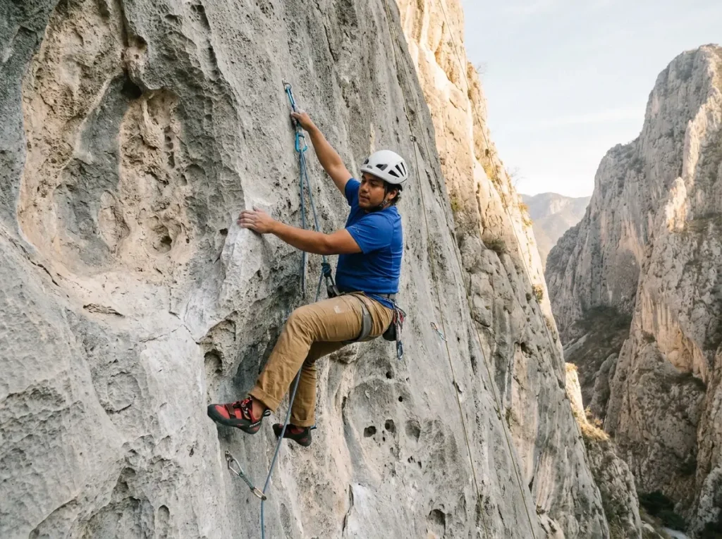 Climber ascending limestone multi-pitch route at El Potrero Chico Mexico with canyon walls above