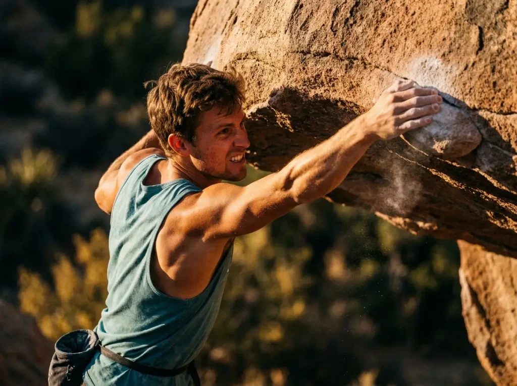 Male rock climber executing a dynamic deadpoint move on an overhang.