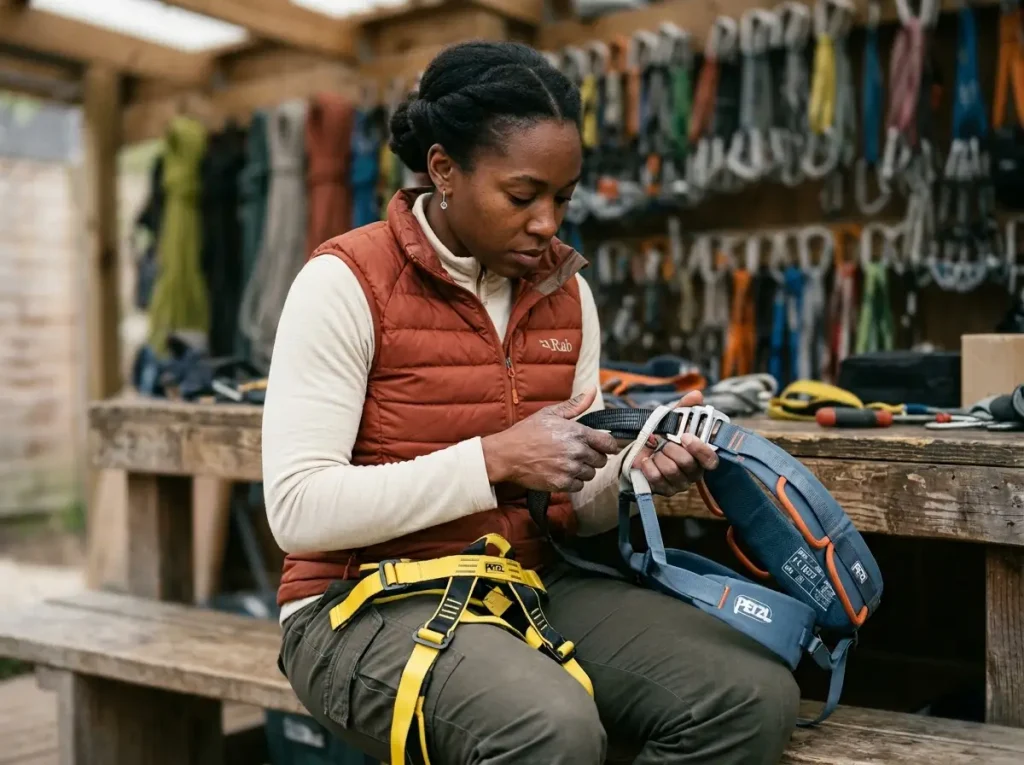 Guide inspecting EN 12277 harness buckle hardware comparing children's full-body and adult sit harness types