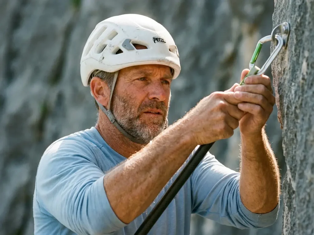 Experienced climber using a long stick clip to safely secure a high first bolt before starting a sport route.