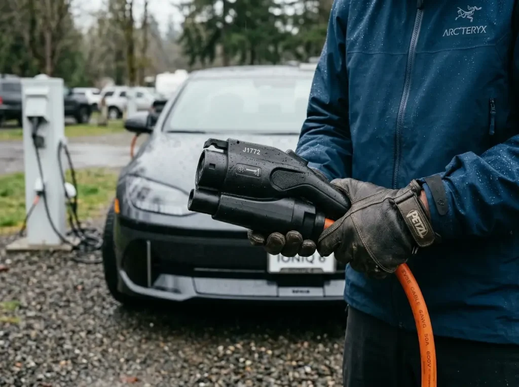 Climber holding NEMA 14-50 and J1772 EV adapters needed for climbing road trip charging.