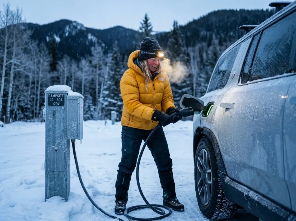 Climber disconnecting frosted Rivian EV in freezing temperatures after overnight camp mode.