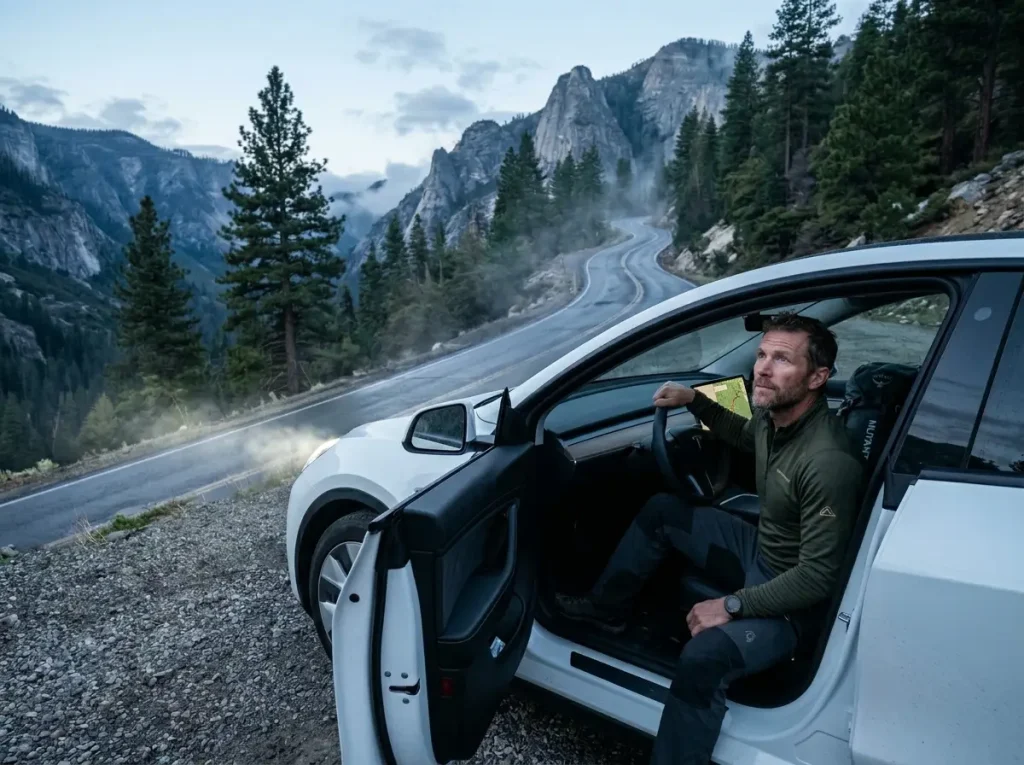 Driver in Tesla Model Y calculating mountain approach range for electric vehicle climbing trips.
