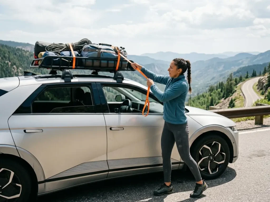 Climber securing roof box on Hyundai IONIQ 5, reducing EV range during climbing road trips.