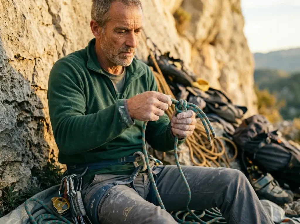 Experienced climber tying stopper knot at end of rappel rope at dusk — the last-layer fail-safe system