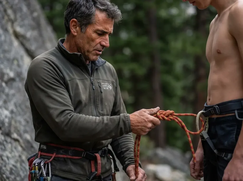Experienced climber performing a thorough partner check on a climbing knot before the route