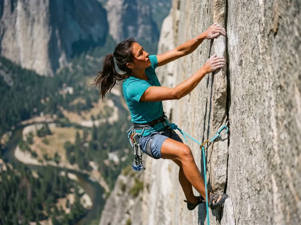 Female trad climber extended on a granite face, Petzl rope running through the last protection piece on a lead