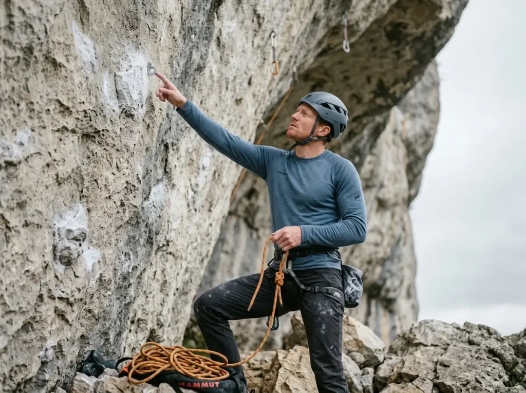 Sport climber studying rope fall line at base of limestone route before lead climbing practice