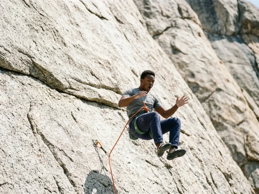 Climber mid-fall during Level 3 fall progression ladder drill on overhanging granite sport route