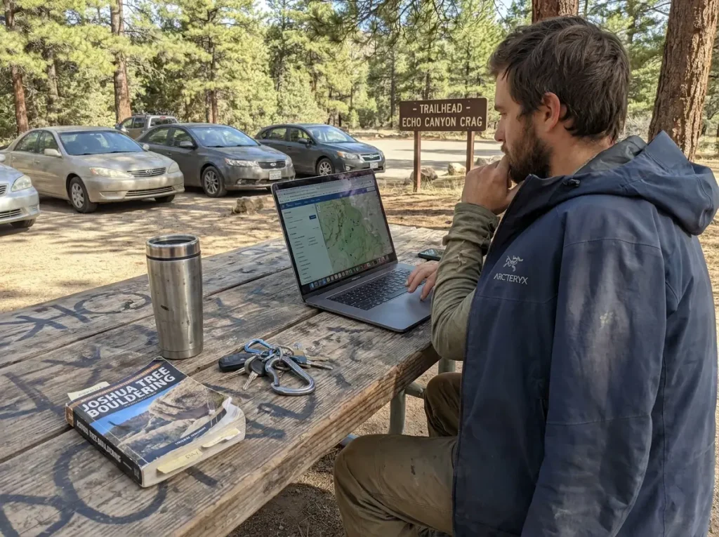 Climber searching the AMGA member directory on a laptop at a picnic table near the crag