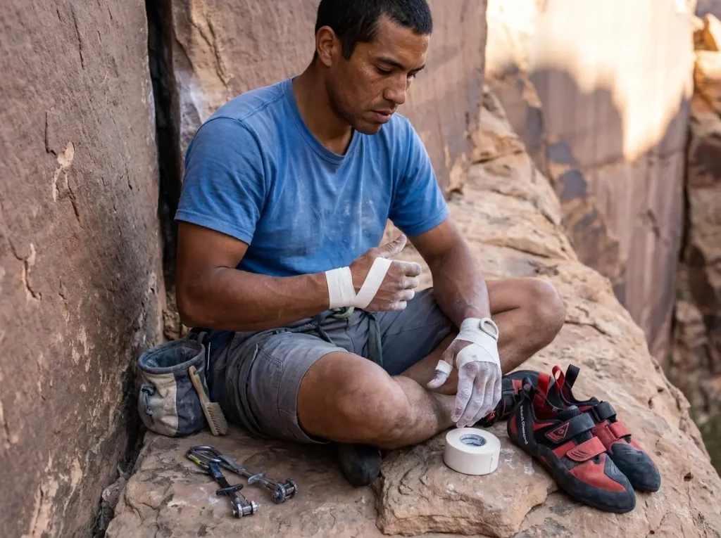 Rock climber demonstrating correct foot jam and crack stance body position on desert sandstone