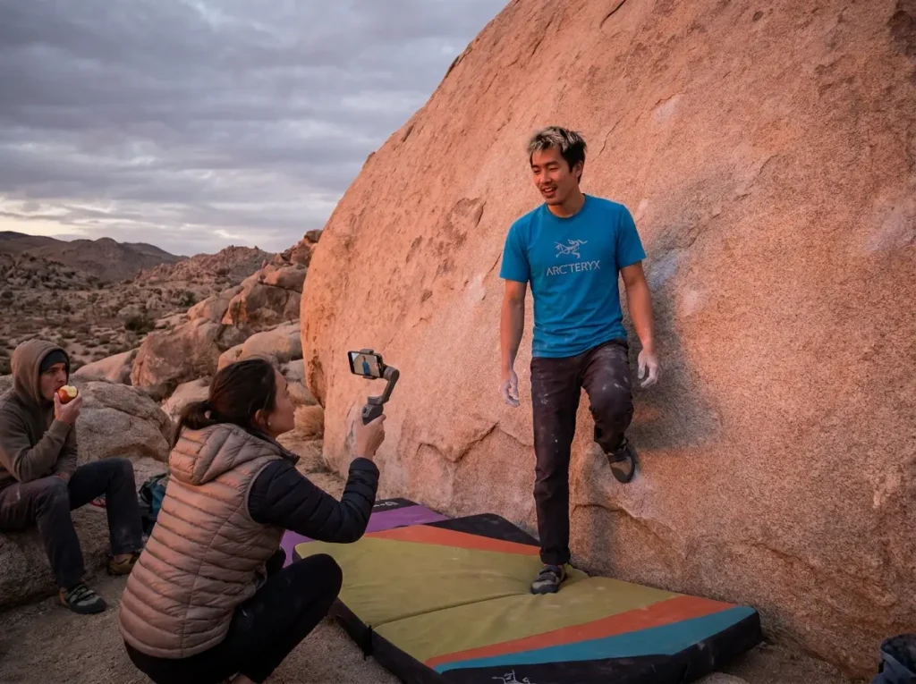 Climber pausing mid-boulder problem while a friend photographs from below