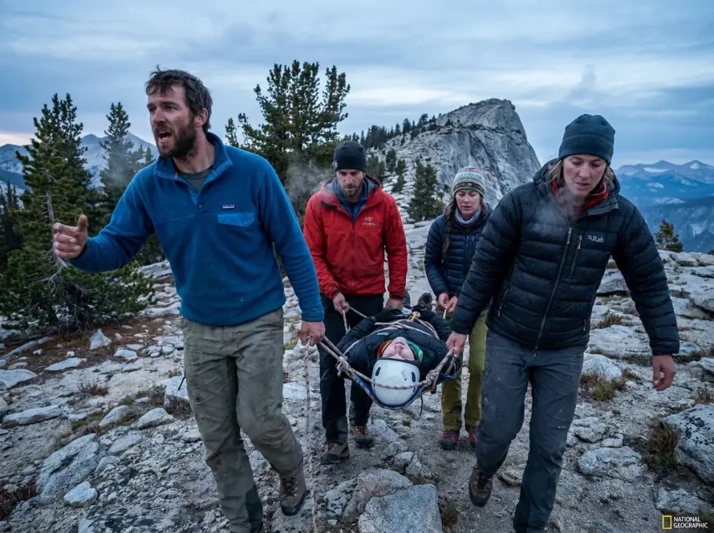 Four climbers carrying an improvised rope litter down a rocky mountain trail in coordinated carry