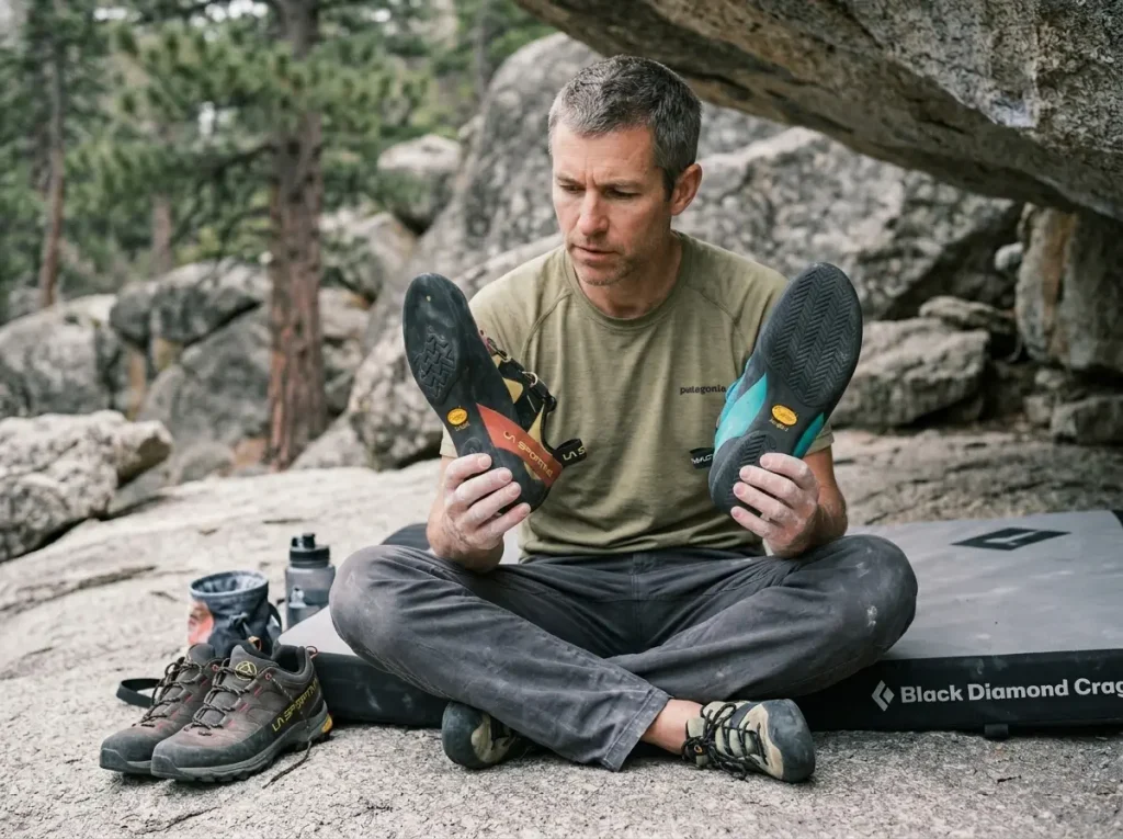Experienced boulderer comparing Vibram XS Edge and XS Grip 2 sole compounds for friction science shoe selection