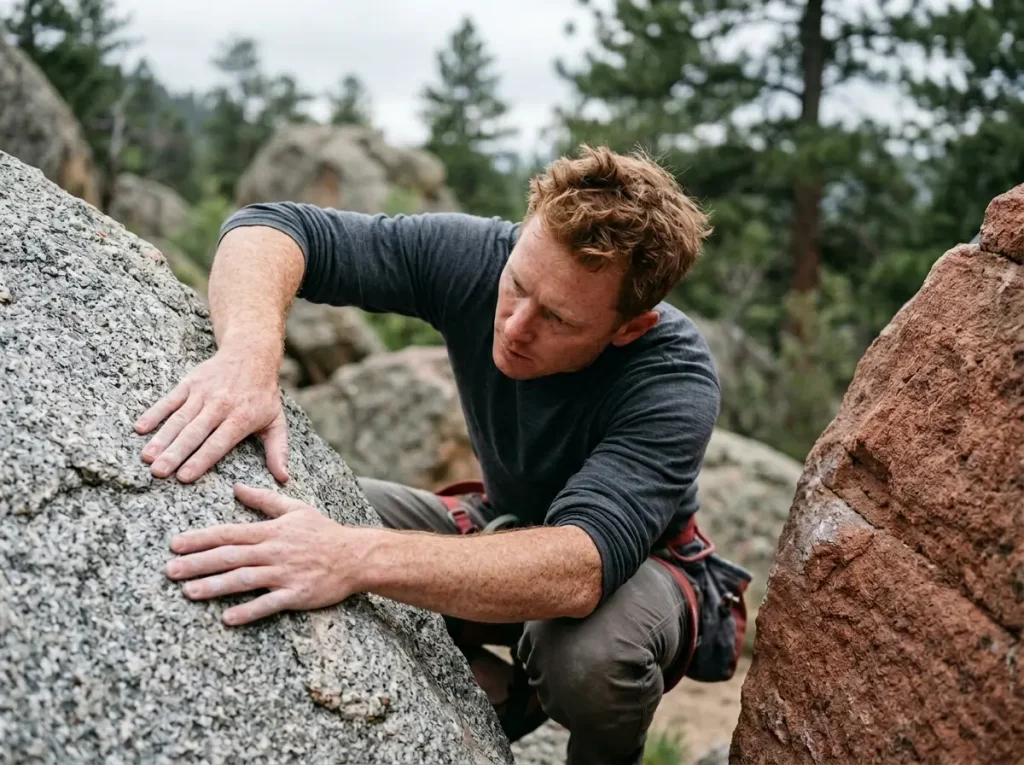 Climber comparing granite and sandstone texture at Flagstaff Mountain Front Range bouldering area
