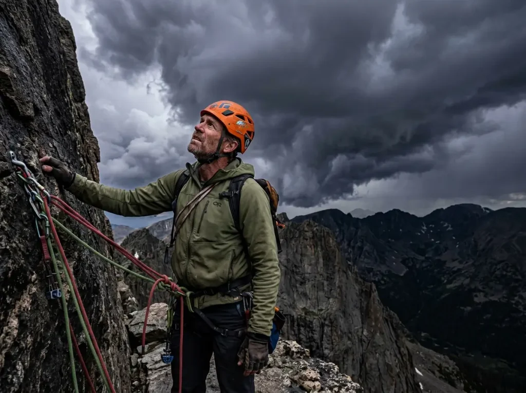 Alpinist assessing dangerous cumulonimbus storm clouds