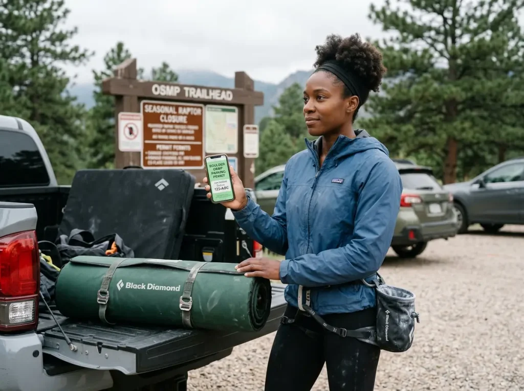 Climber checking OSMP parking permit at Flagstaff Mountain trailhead, Front Range Boulder access management