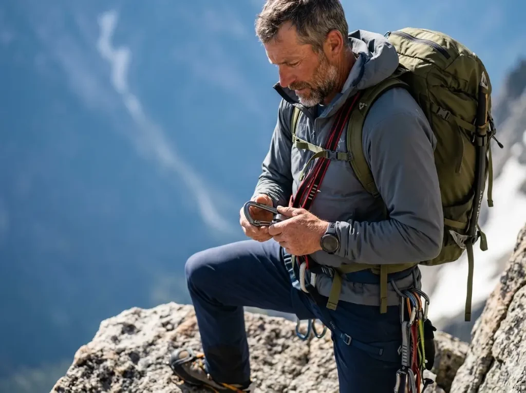 Alpinist clipping chest harness to sit harness belay loop with heavy alpine pack to prevent inversion