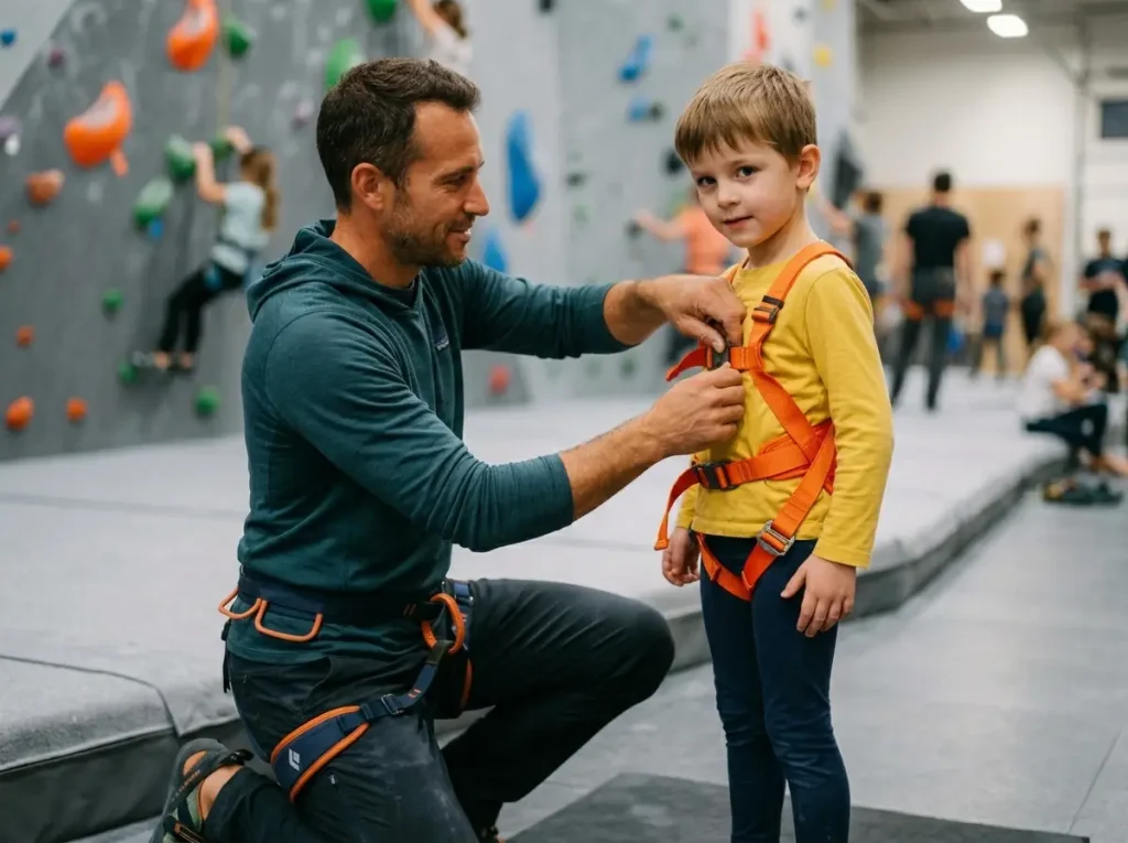Adult climber performing safety check on child in Mammut full body harness at indoor climbing gym
