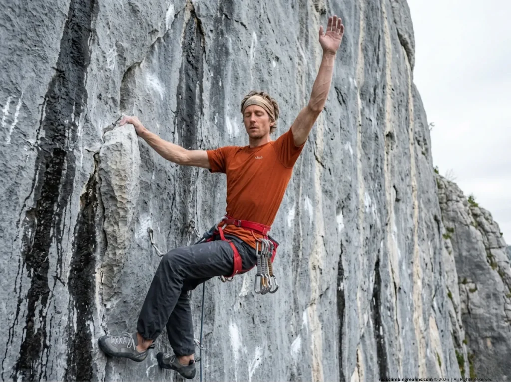 Male climber using the G-Tox overhead method to speed up recovery and clear forearm pump