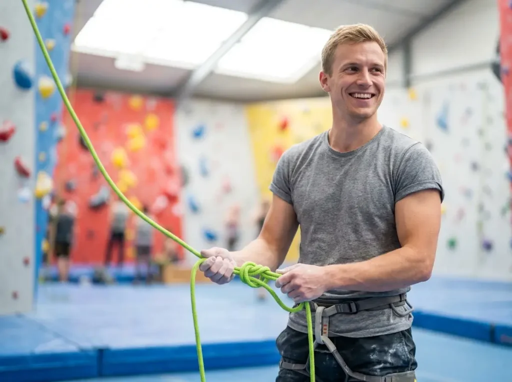 Smiling male climber tying a figure-eight knot at an indoor gym.