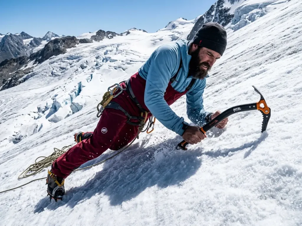 Climber holding Petzl ice axe on steep glacier showcasing safe technique 