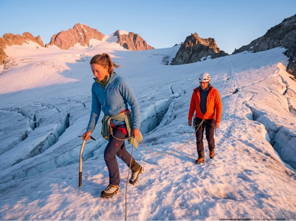 Alpine climbing team roped up on a blue-ice glacier in alpenglow light, the male in Montane active insulation and female in Patagonia Nano-Air — demonstrating the moderate-output glacier travel configuration