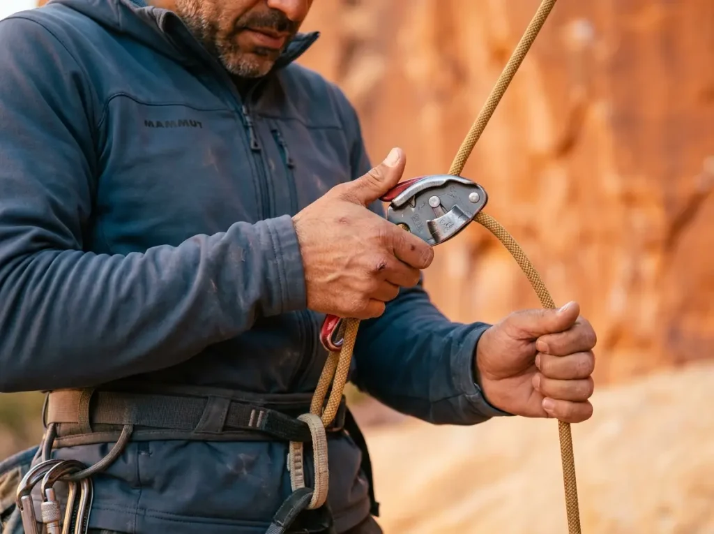 Climber using correct Petzl GriGri thumb technique — "gas pedal" method with brake hand engaged
