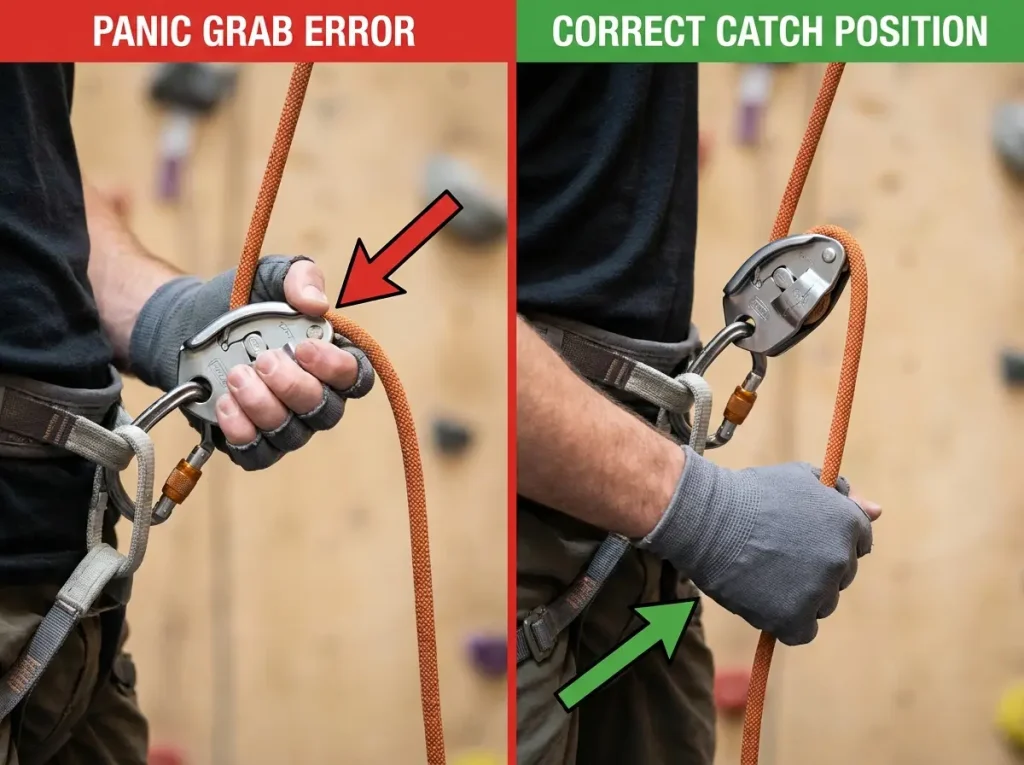 Two side-by-side images showing wrong Grigri panic grab versus correct brake hand position