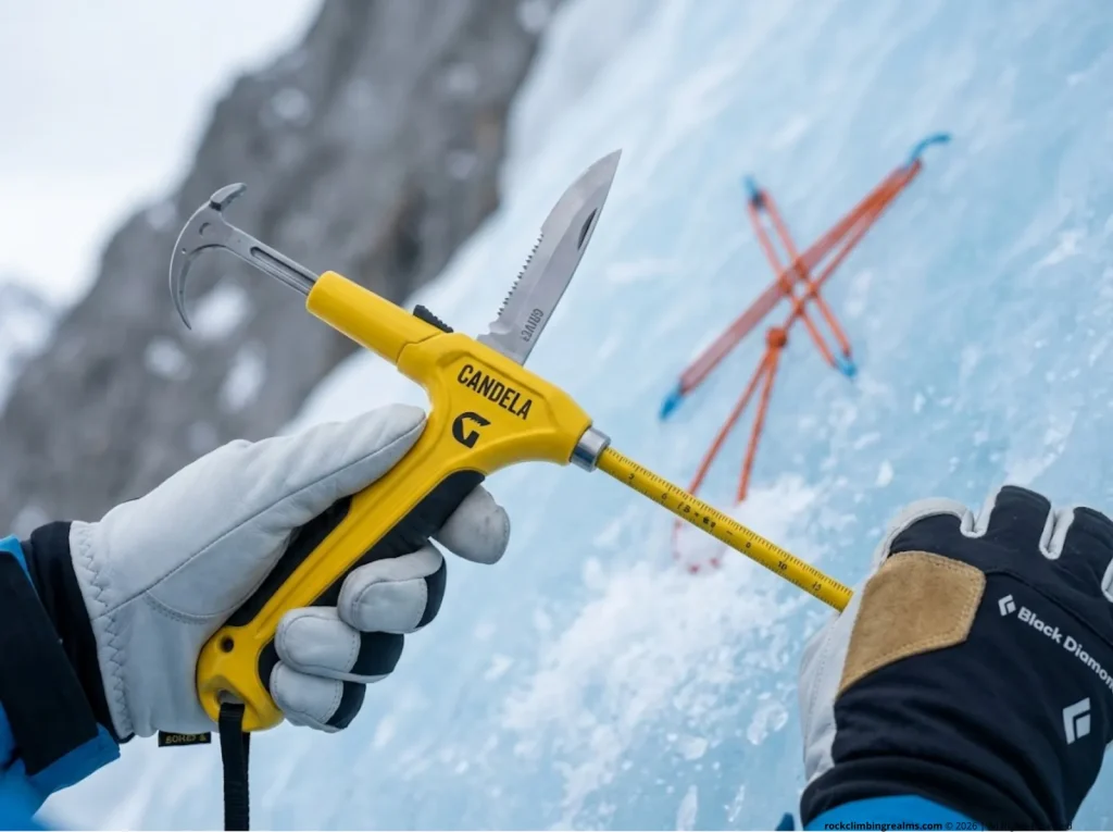 Grivel Candela ice thread tool with retractable hook and calibration shaft for V-thread construction