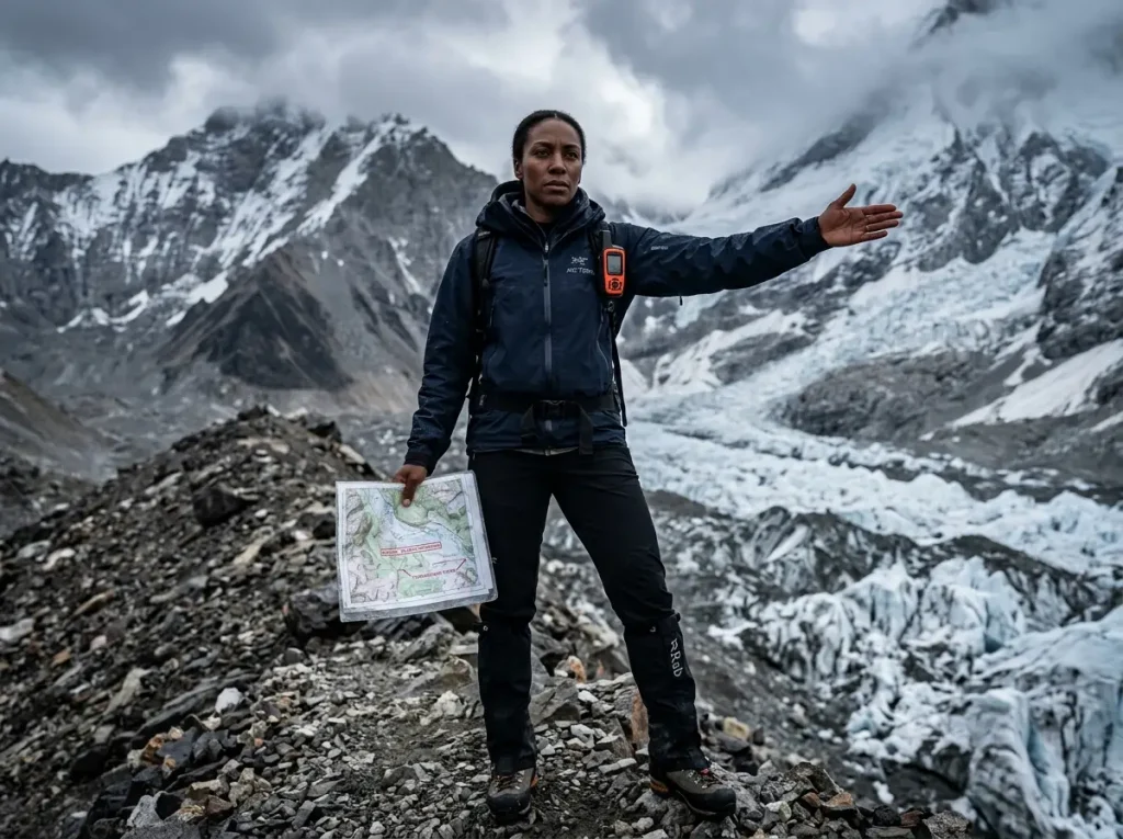 Professional female guide establishing safe terrain boundaries to avoid scope of practice violations on glaciated terrain