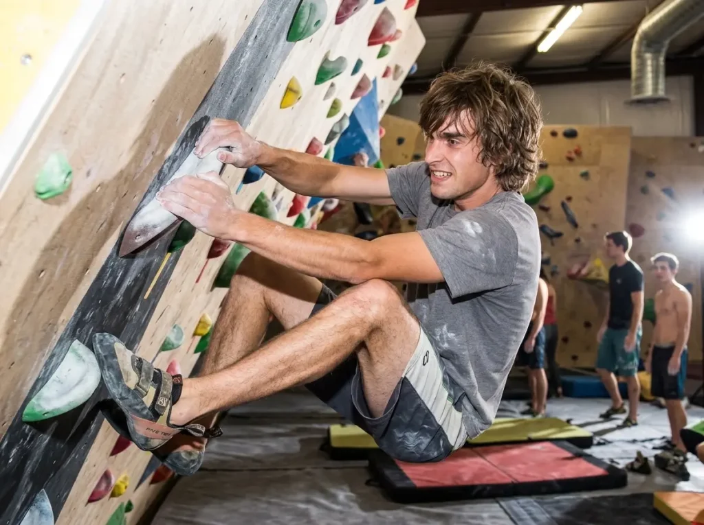 Teen boulderer pulling on an indoor gym wall, the gym-generation roots behind Chris Sharma