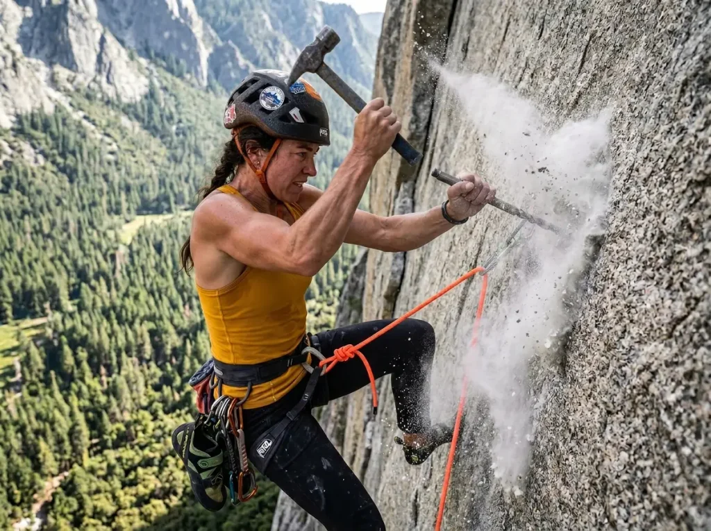 Climber forcefully swinging a hammer to hand drill a wilderness bolt