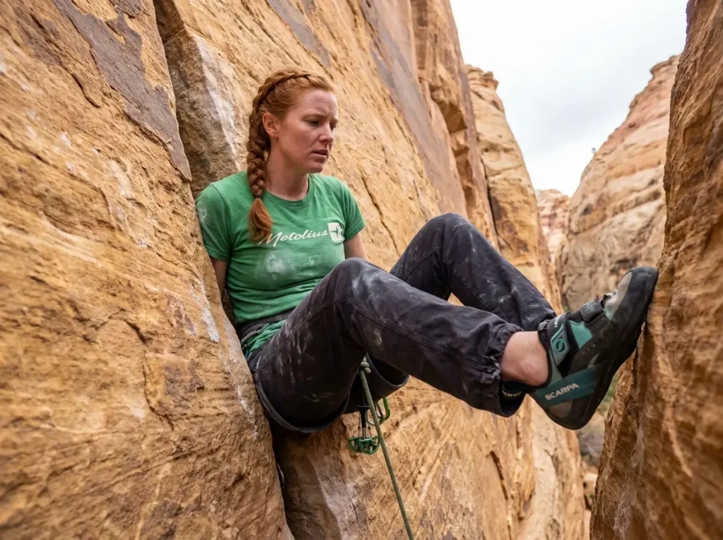 Detailed view of a correctly set hand jam on granite crack, thumb tucked, palm cupped