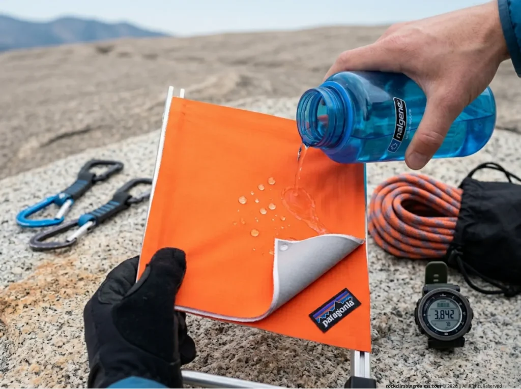 Water droplets bead perfectly on a DWR-treated hardshell face fabric — a field demonstration of hydrostatic head and the marketing reality of breathable waterproof shells