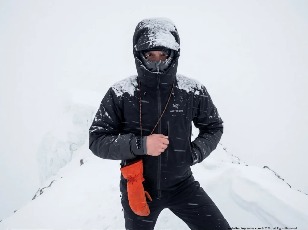 Expedition climber in full storm armor — Gore-Tex Pro hardshell with hood deployed against 60 mph winds and horizontal snow on a high alpine ridgeline in whiteout conditions