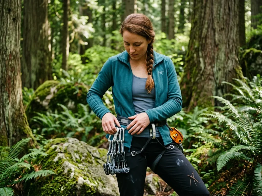 Climber inspecting harness gear loops organized into a precise quadrant system with Wild Country stoppers.