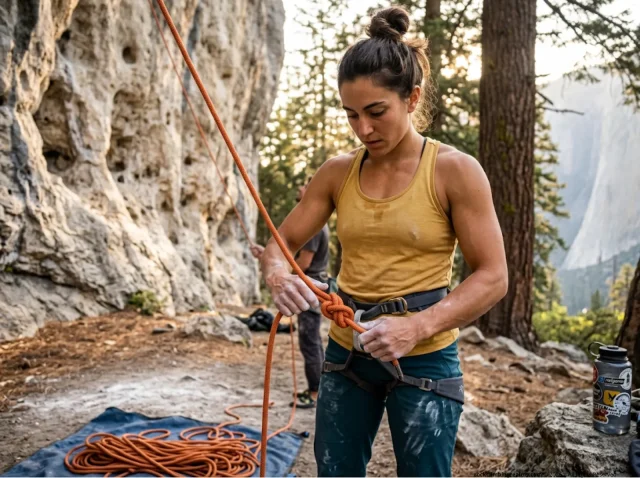 harness-tie-in-points-explained Female climber showing harness tie in points explained loop vs belay rules while properly threading her rope.