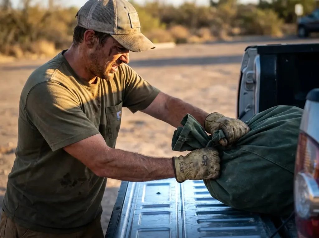 Volunteer lifting a heavy debris bag into the back of a pickup truck