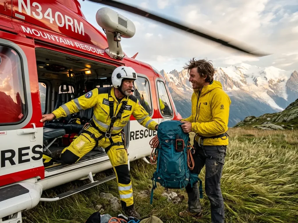 SAR crew assisting a rescued climber into an extraction helicopter in an alpine meadow.