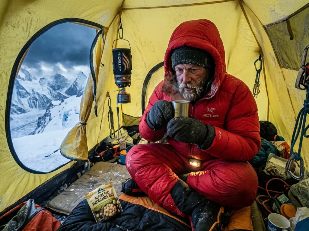 Alpinist drinking hot liquid inside high altitude tent to combat mountain anorexia