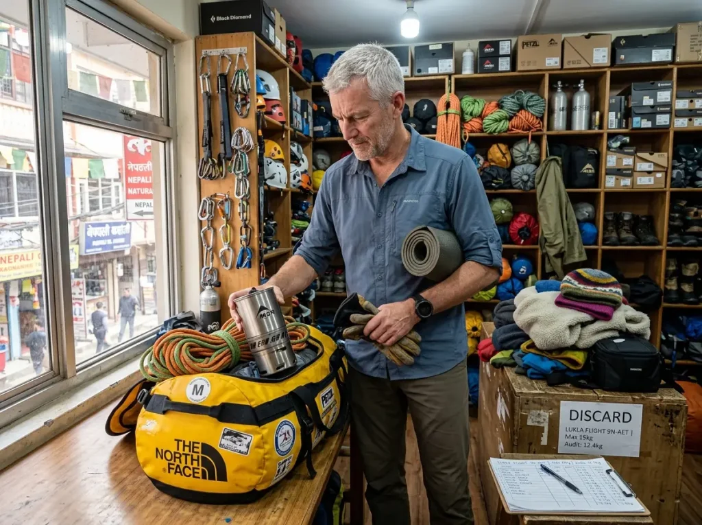 Expedition leader sorting gear into North Face duffels for helicopter