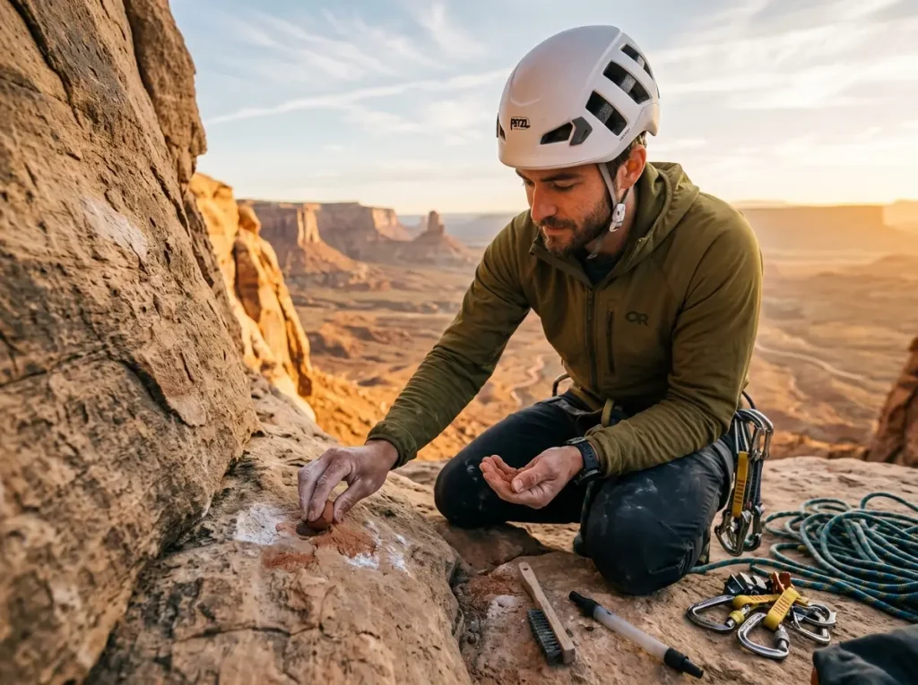 Climber ethically patching an old bolt hole with local rock dust